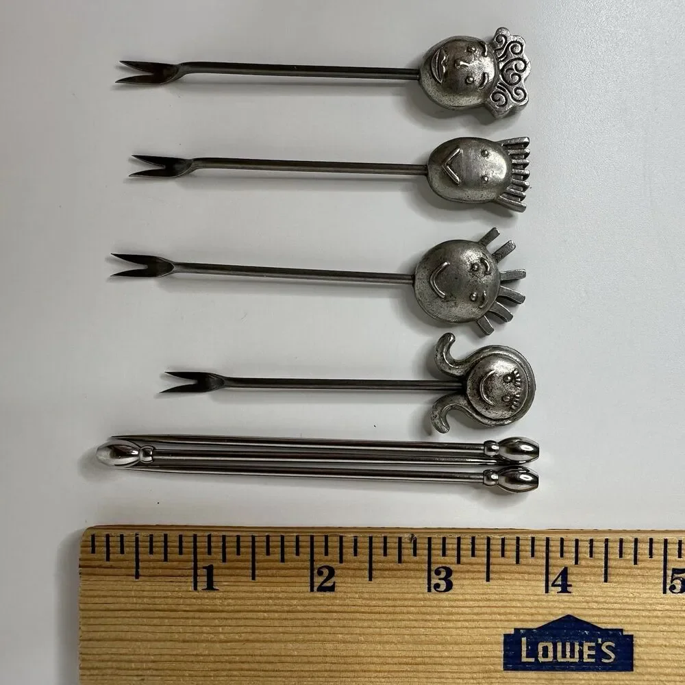 Vtg RobinWood‎ Fondue Forks 7 Mid Century Faces & Cocktail Picks Hor d'oeuvres